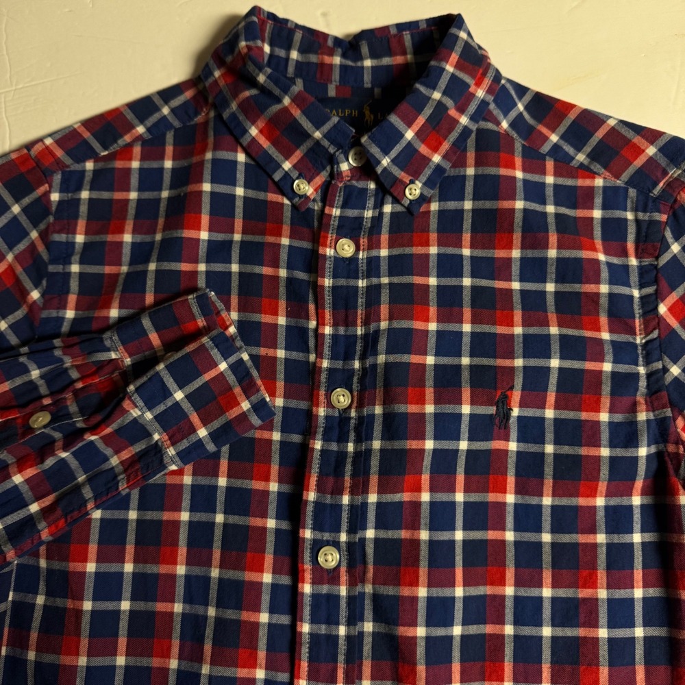 Kids Ralph Lauren Plaid Button Down Shirt Long Sleeve Blue Red‎ White Size L G
